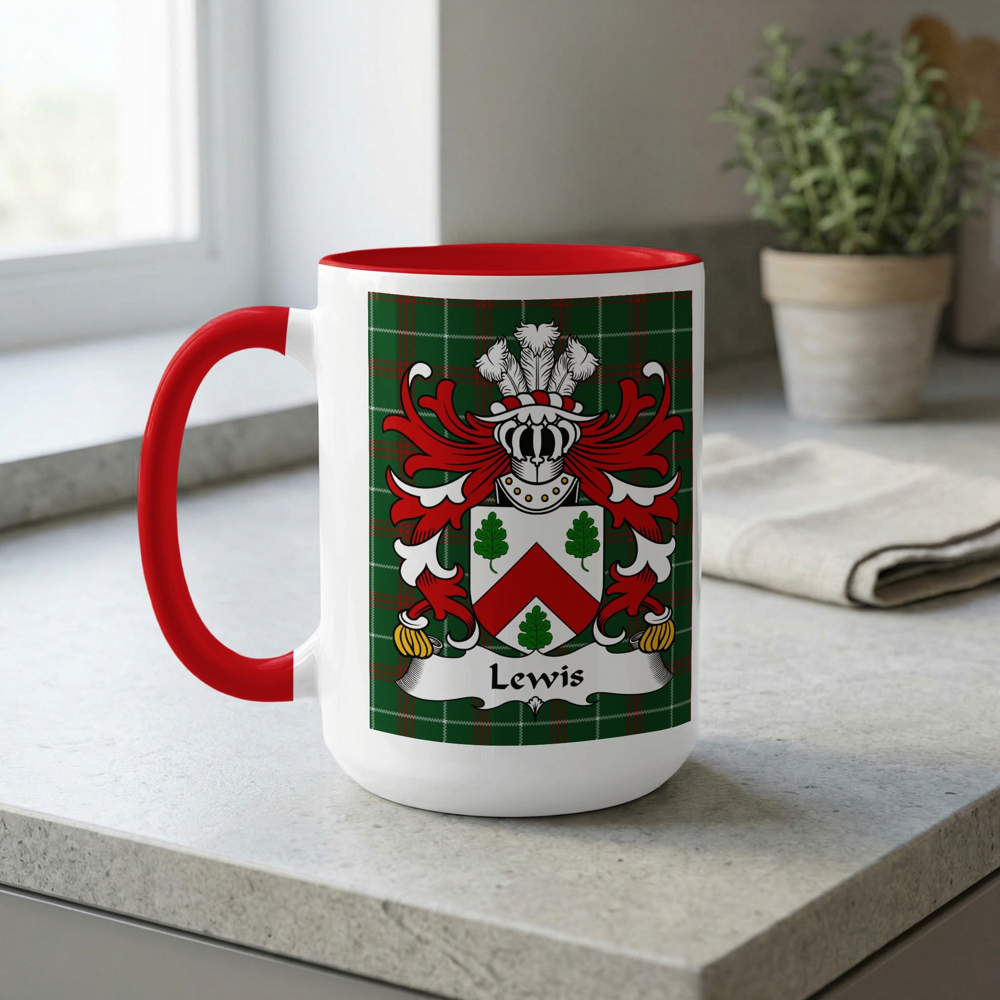 White mug with red handle and interior, displaying a family crest with the name "Lewis".