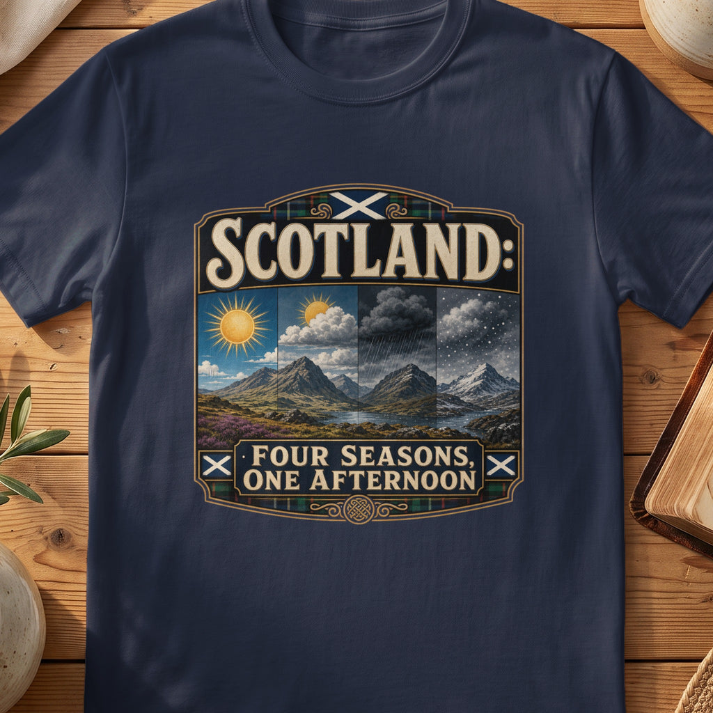 Navy Gildan 64000 unisex T-shirt flatlay with Scotland Four Seasons One Afternoon Scottish graphic design