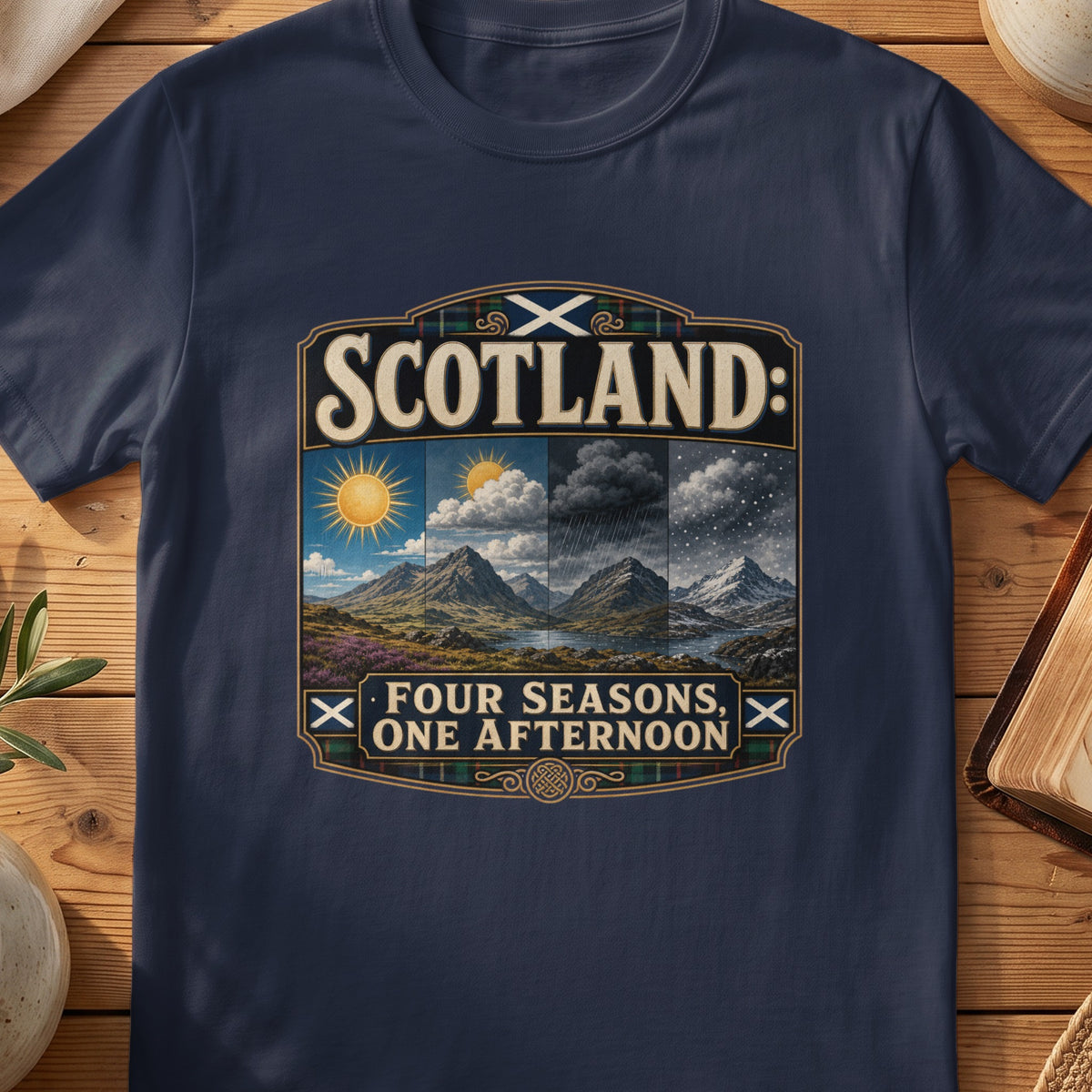 Navy Gildan 64000 unisex T-shirt flatlay with Scotland Four Seasons One Afternoon Scottish graphic design