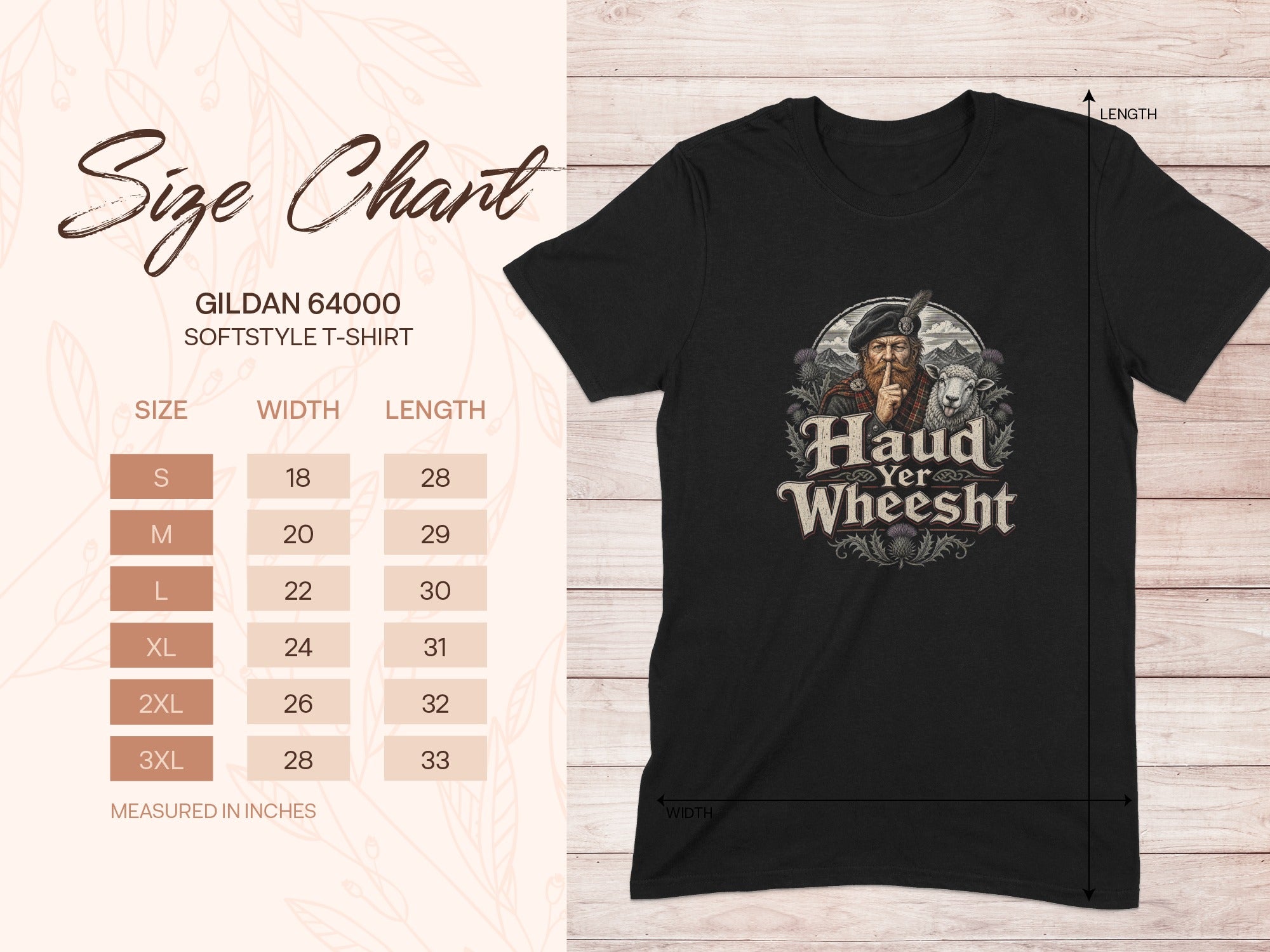 Black t-shirt with Scottish man and sheep graphic; size chart with width and length in inches.