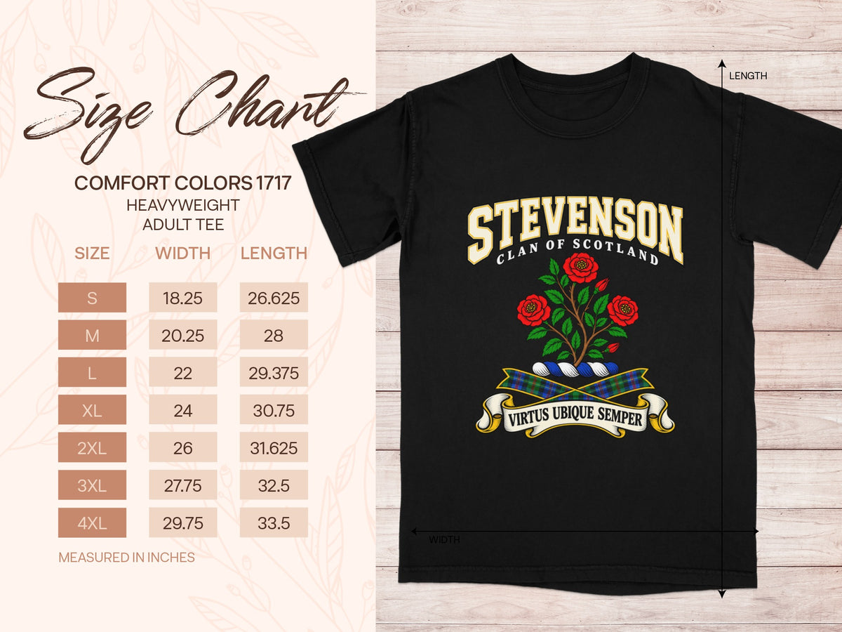 Comfort Colors 1717 size chart in inches with a black Stevenson clan crest T-shirt preview