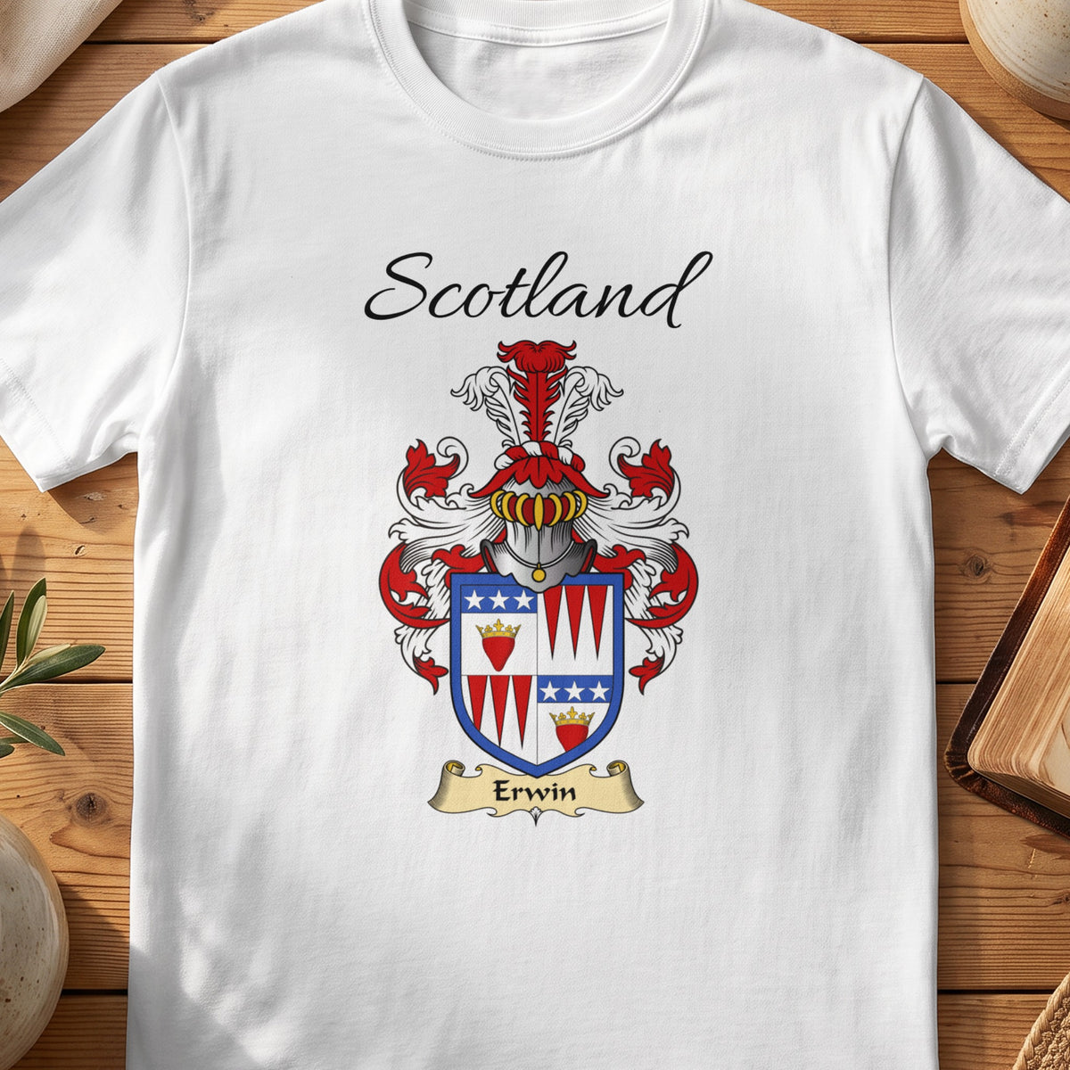 White Erwin Scottish family shield T-shirt featuring a quartered design with red hearts and blue stars