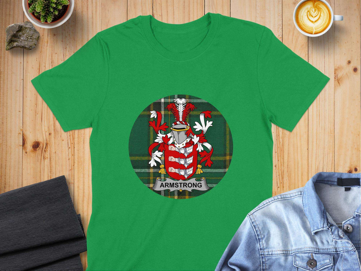 Armstrong Family Crest on Irish National Tartan T-Shirt - Living Stone Gifts