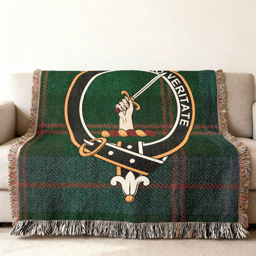Guthrie clan crest woven blanket — drawn sword design, fringe edge