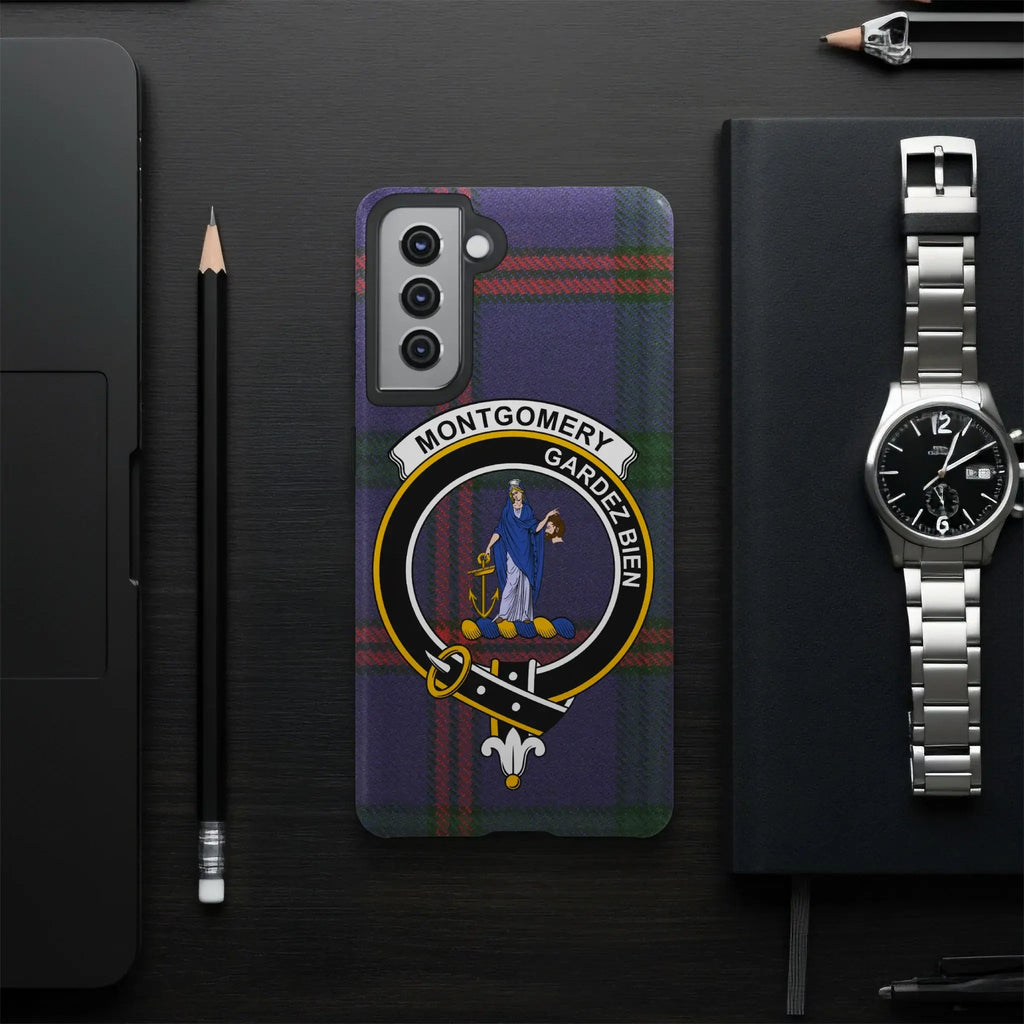 Montgomery clan crest phone case on Samsung Galaxy — Gardez Bien tartan wrap print