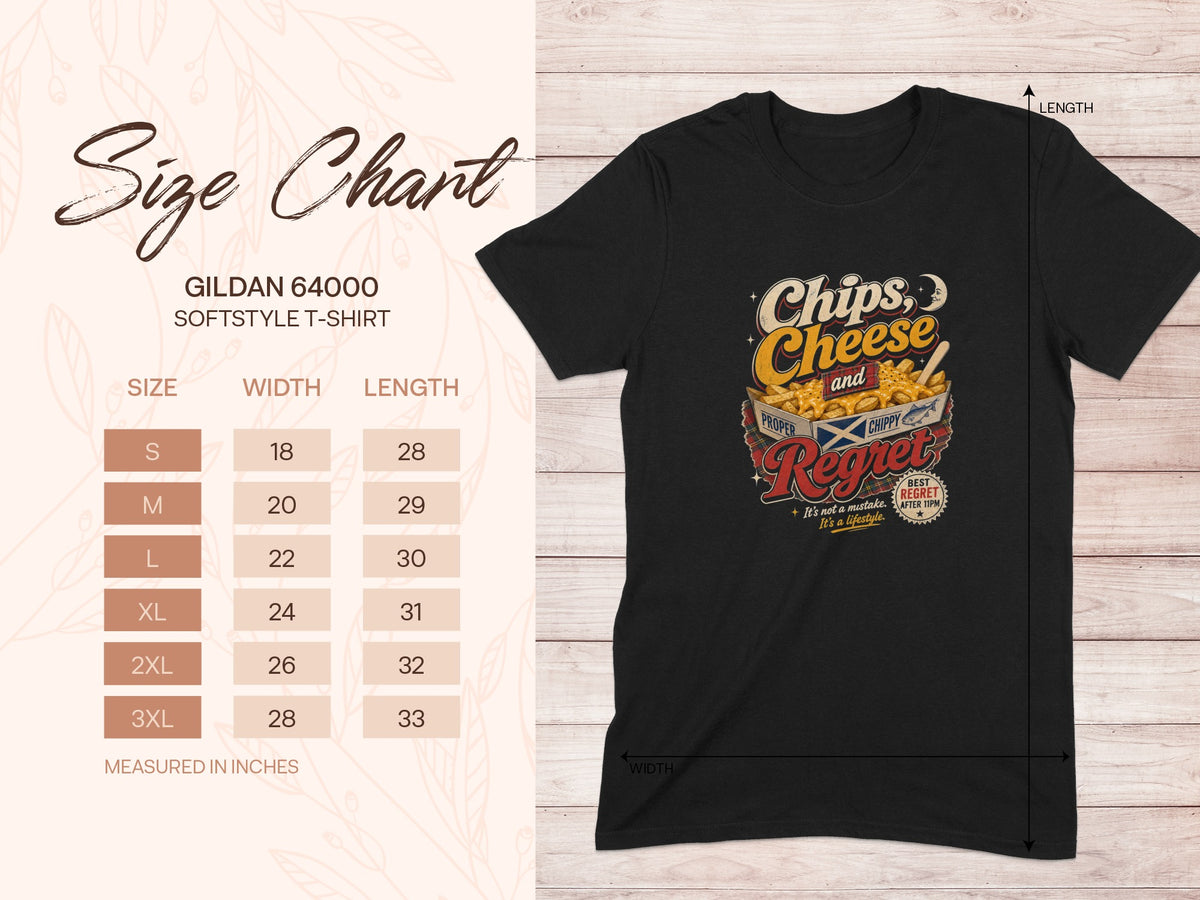 Black t-shirt with "Chips, Cheese and Regret" graphic and size chart.