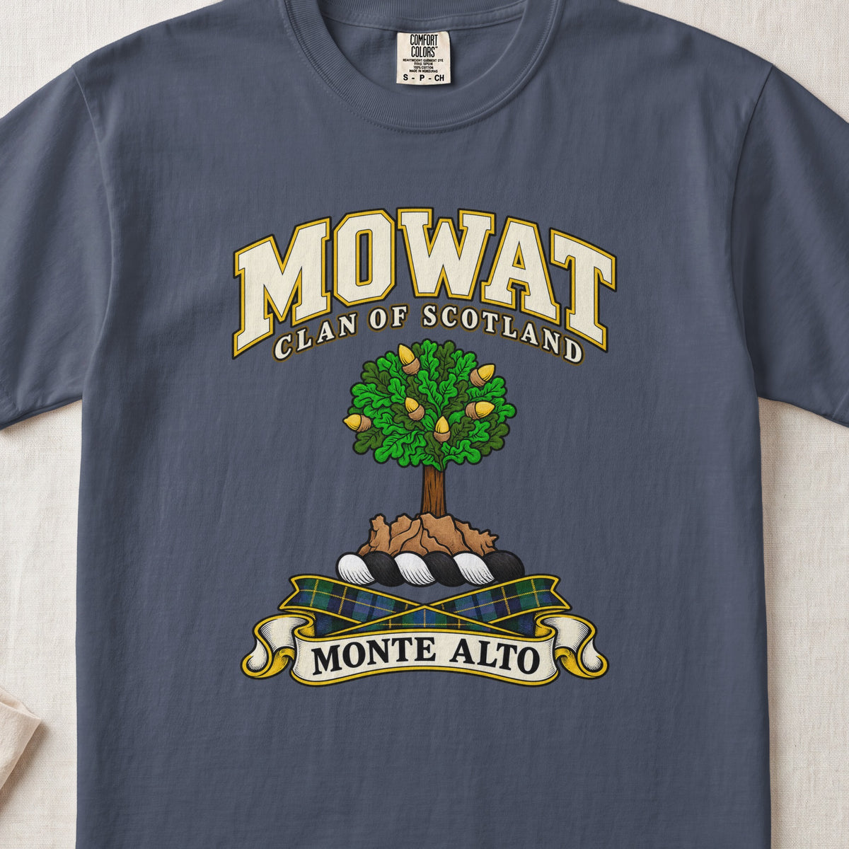 Mowat Scottish clan T-shirt in Midnight, front view with a green tree on a rocky mound and motto design.