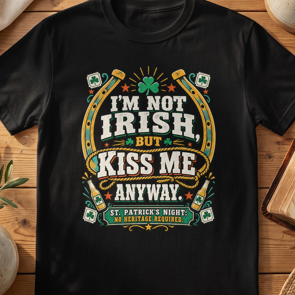 Black T-shirt with “I'm Not Irish, Kiss Me Anyway” St Patrick's Day graphic and shamrocks.