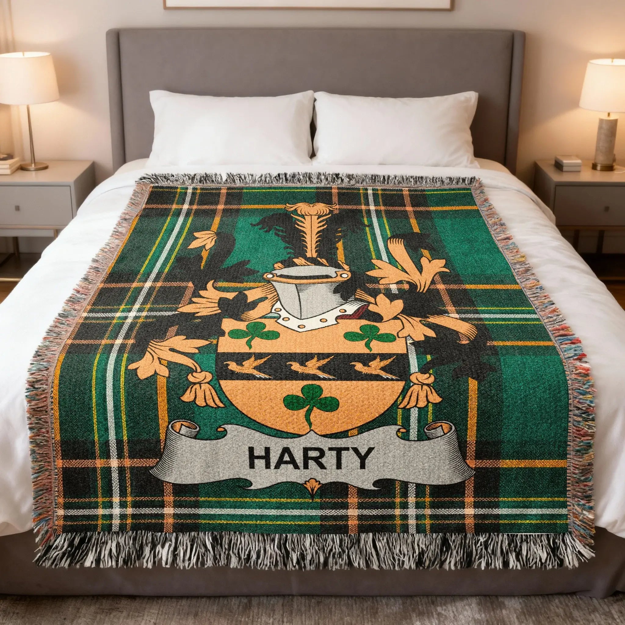 Green tartan blanket with Harty family crest and fringe.