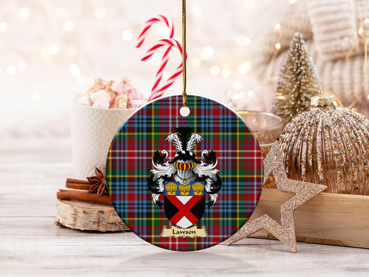 Double-sided Lawson ceramic ornament with family shield and Caledonia tartan background