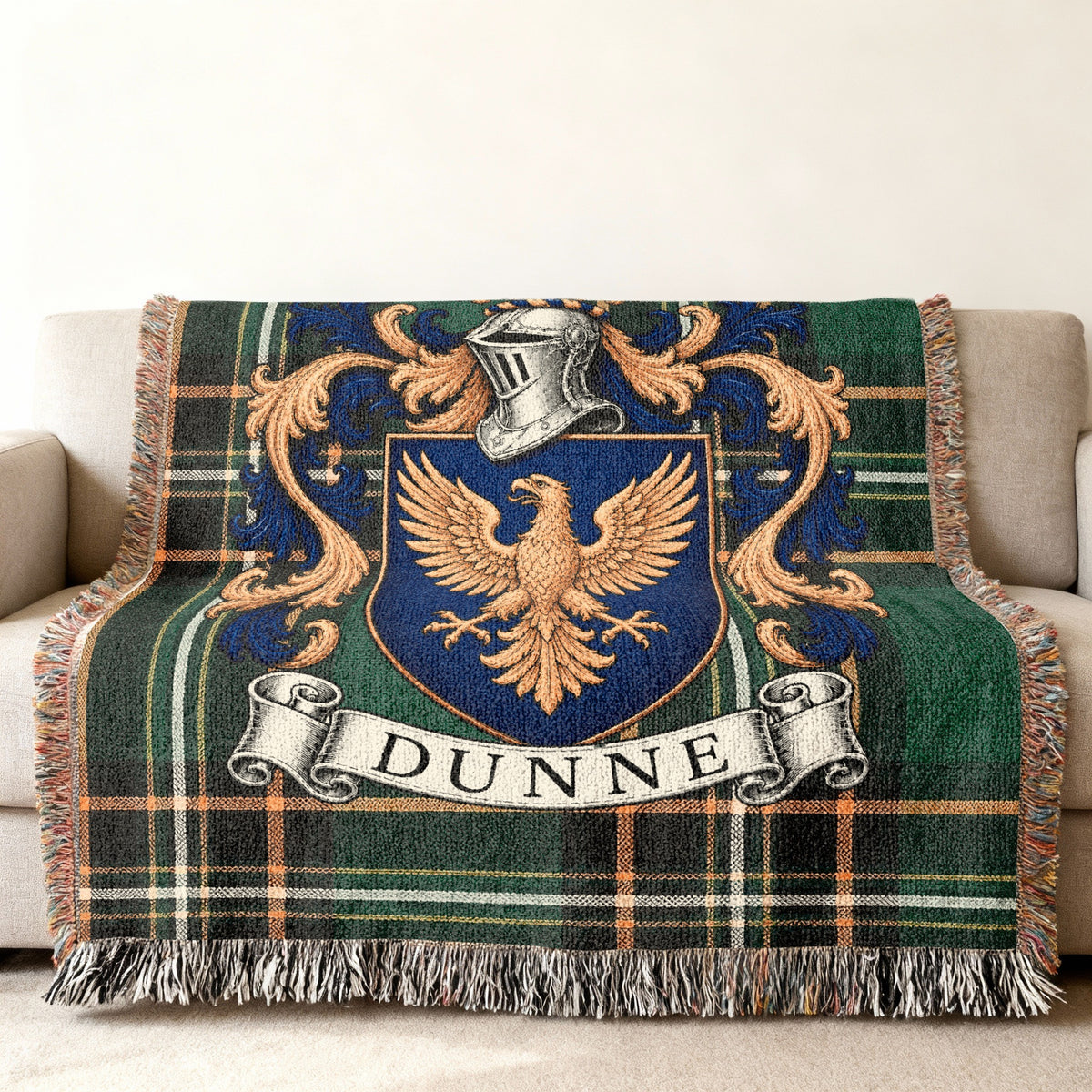Dunne family crest on Irish National Tartan woven blanket, detailed heritage design
