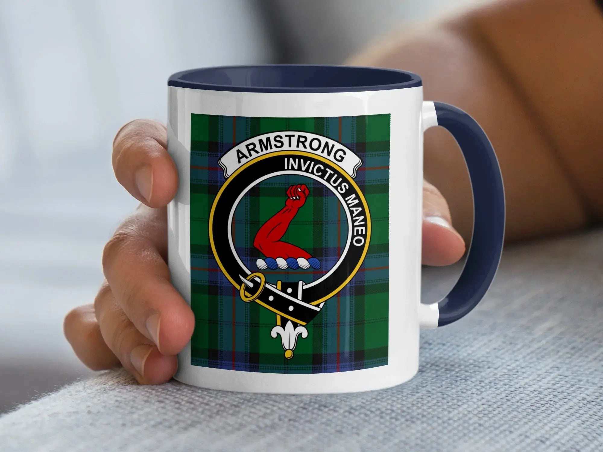 Armstrong clan crest accent mug in navy — tartan design inspired by Scottish heritage, 15oz