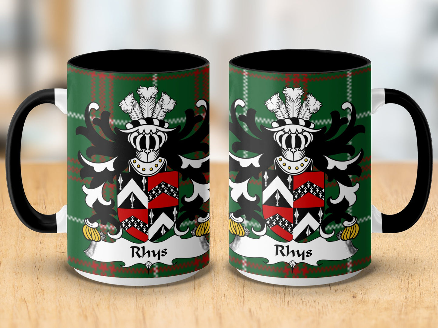 Rhys Coat of Arms on Welsh National Tartan Background Mug - Living Stone Gifts