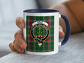 Gray clan tartan accent mug 11oz — glossy white ceramic, anchor crest with Anchor Fast Anchor, black handle