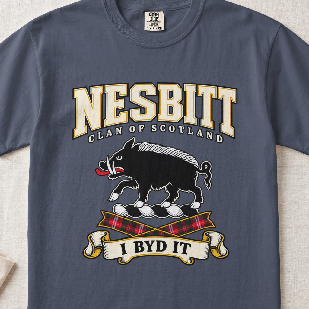 Nesbitt Scottish clan graphic T-shirt in Midnight, front view