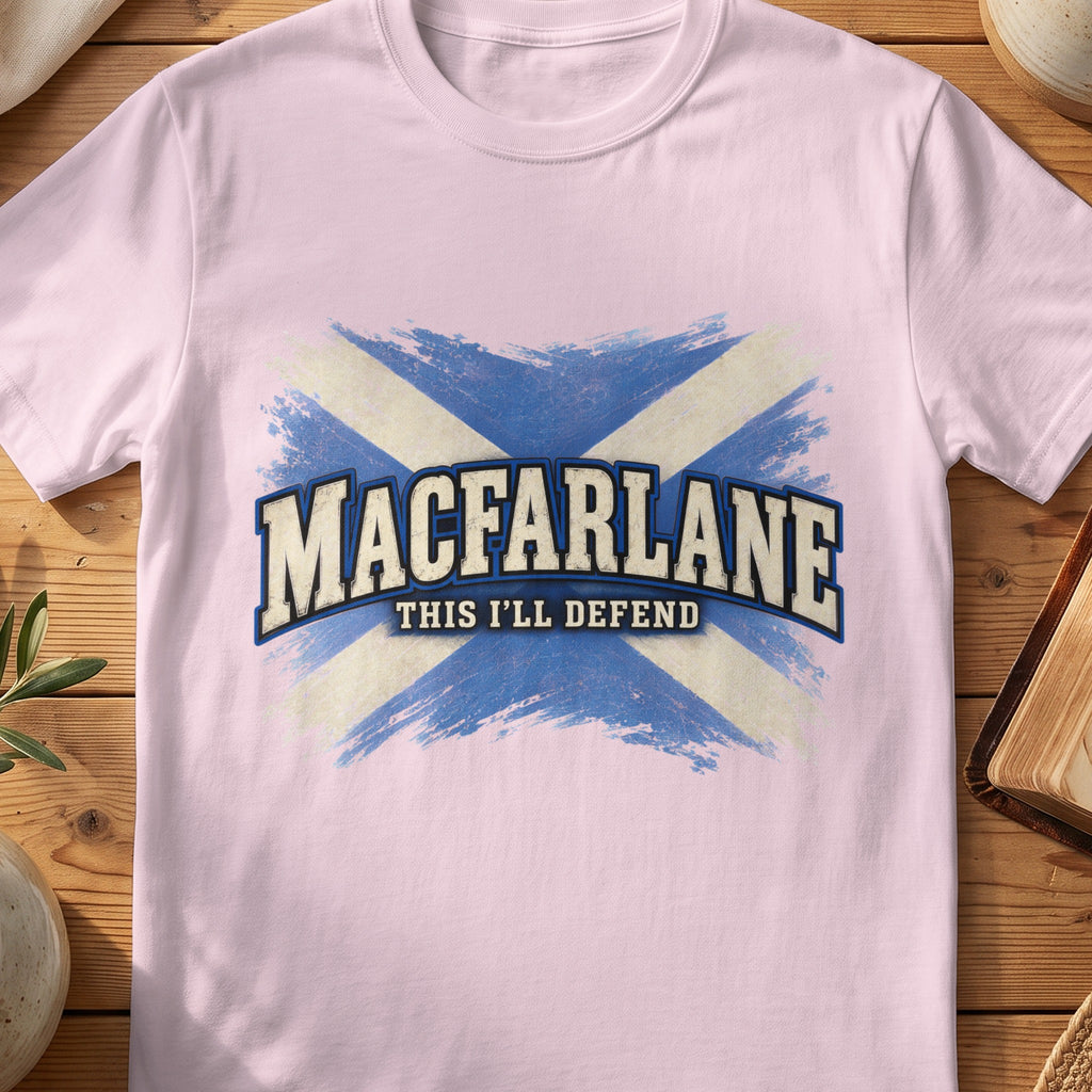MacFarlane Scottish Saltire T-shirt in Light Pink, with distressed blue and cream flag and “This I'll Defend” lettering.