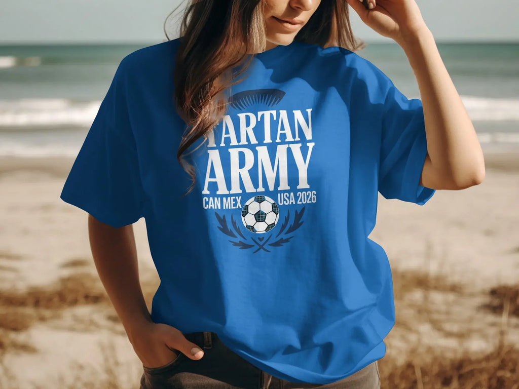 Blue t-shirt with "TARTAN ARMY USA 2026" and a soccer ball graphic.
