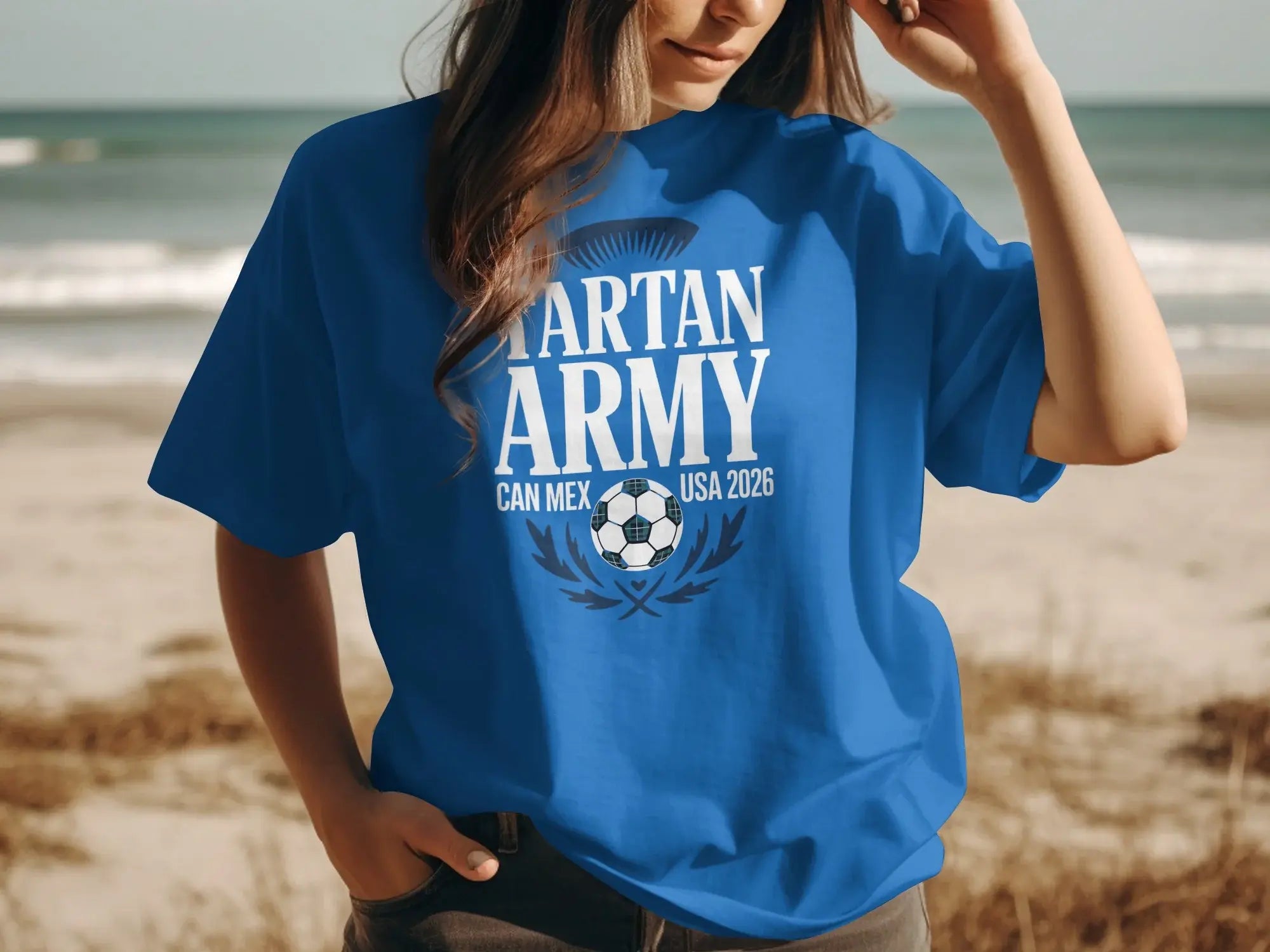 Blue t-shirt with "TARTAN ARMY USA 2026" and a soccer ball graphic.