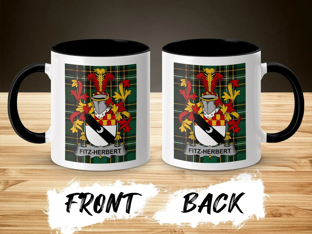 Mug with Fitz-Herbert crest on front and back, black handle and interior.