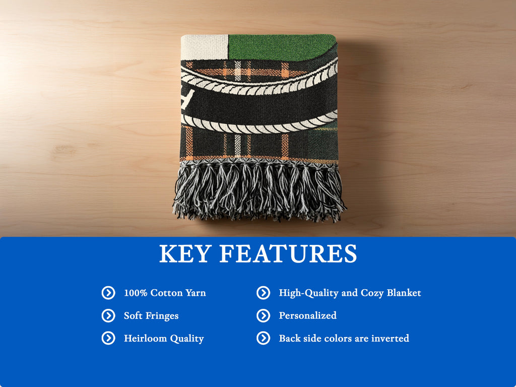MacGenis cotton woven blanket detail with decorative fringed edges