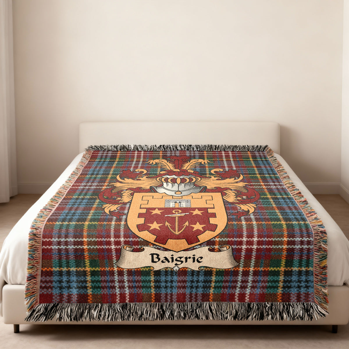 Baigrie Caledonia tartan heritage woven throw blanket with family shield