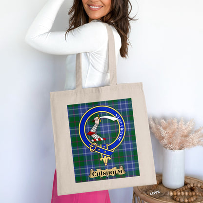 Chisholm Clan Crest Tartan Background Tote Bag - Living Stone Gifts