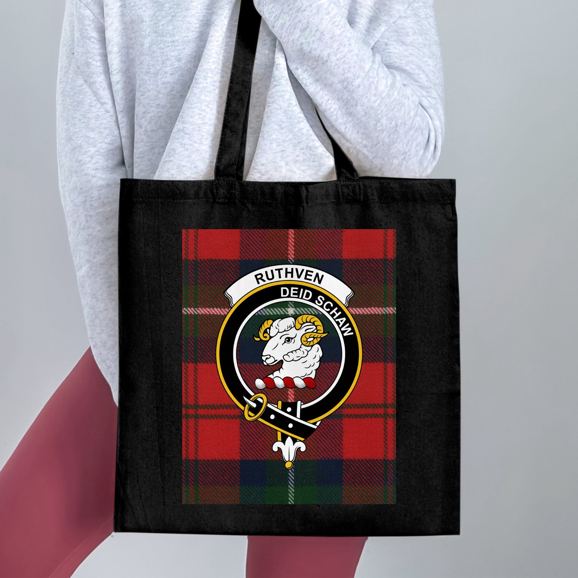 Vibrant Scottish Clan Crest on Tartan Background Tote Bag - Living Stone Gifts