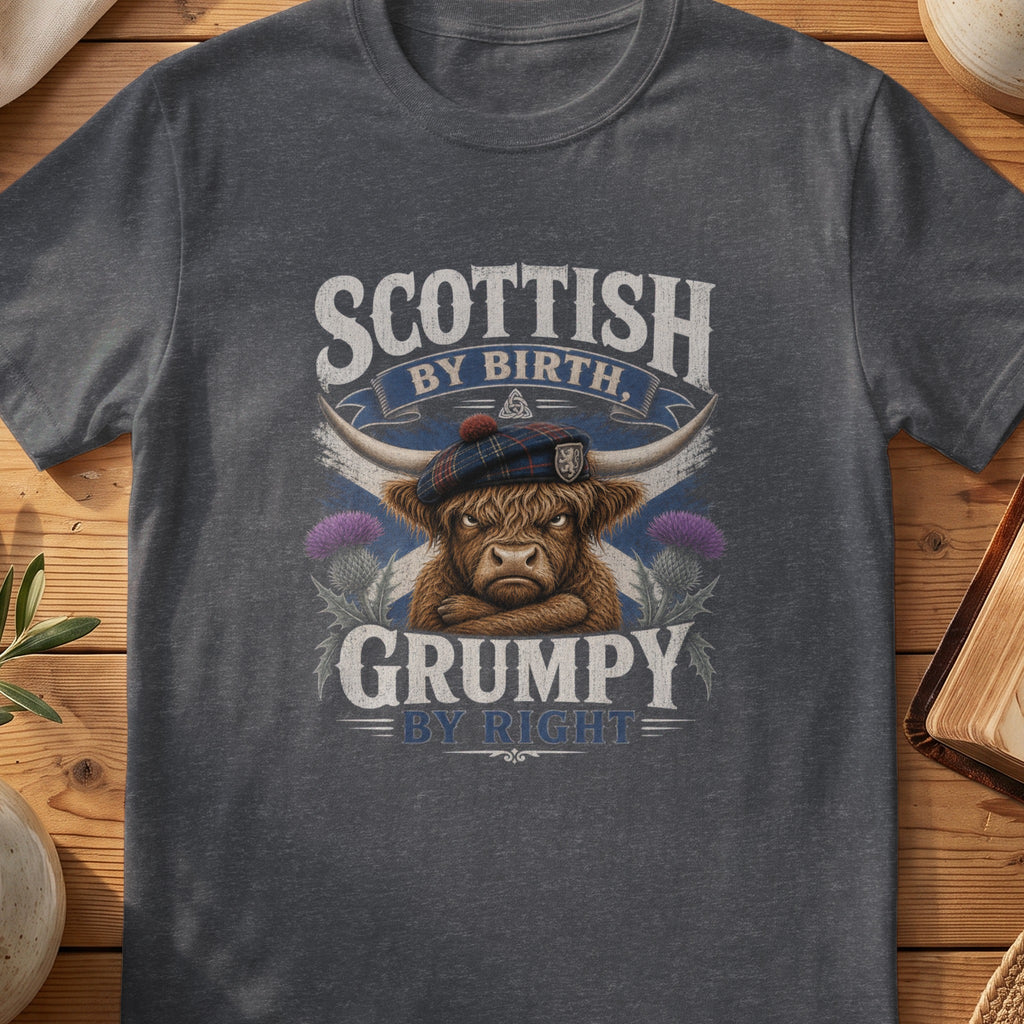 Dark grey Gildan 64000 unisex T-shirt flatlay with Scottish by Birth Grumpy by Right Scottish graphic design