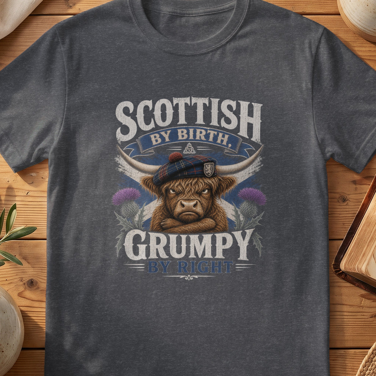 Dark grey Gildan 64000 unisex T-shirt flatlay with Scottish by Birth Grumpy by Right Scottish graphic design