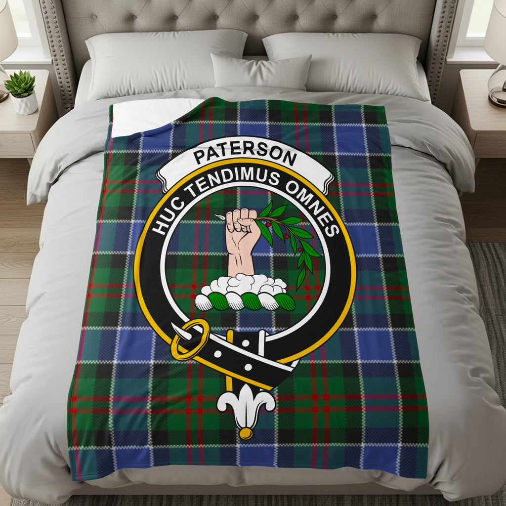 Paterson clan tartan throw with crest and motto — full front view