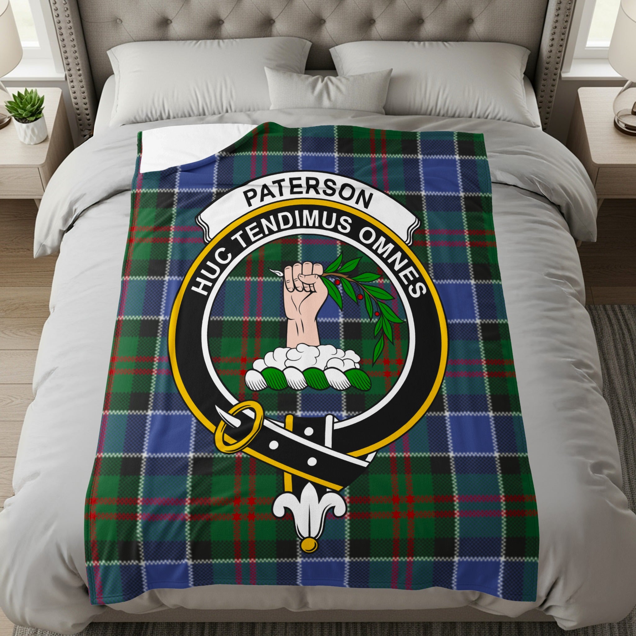 Paterson clan tartan throw with crest and motto — full front view