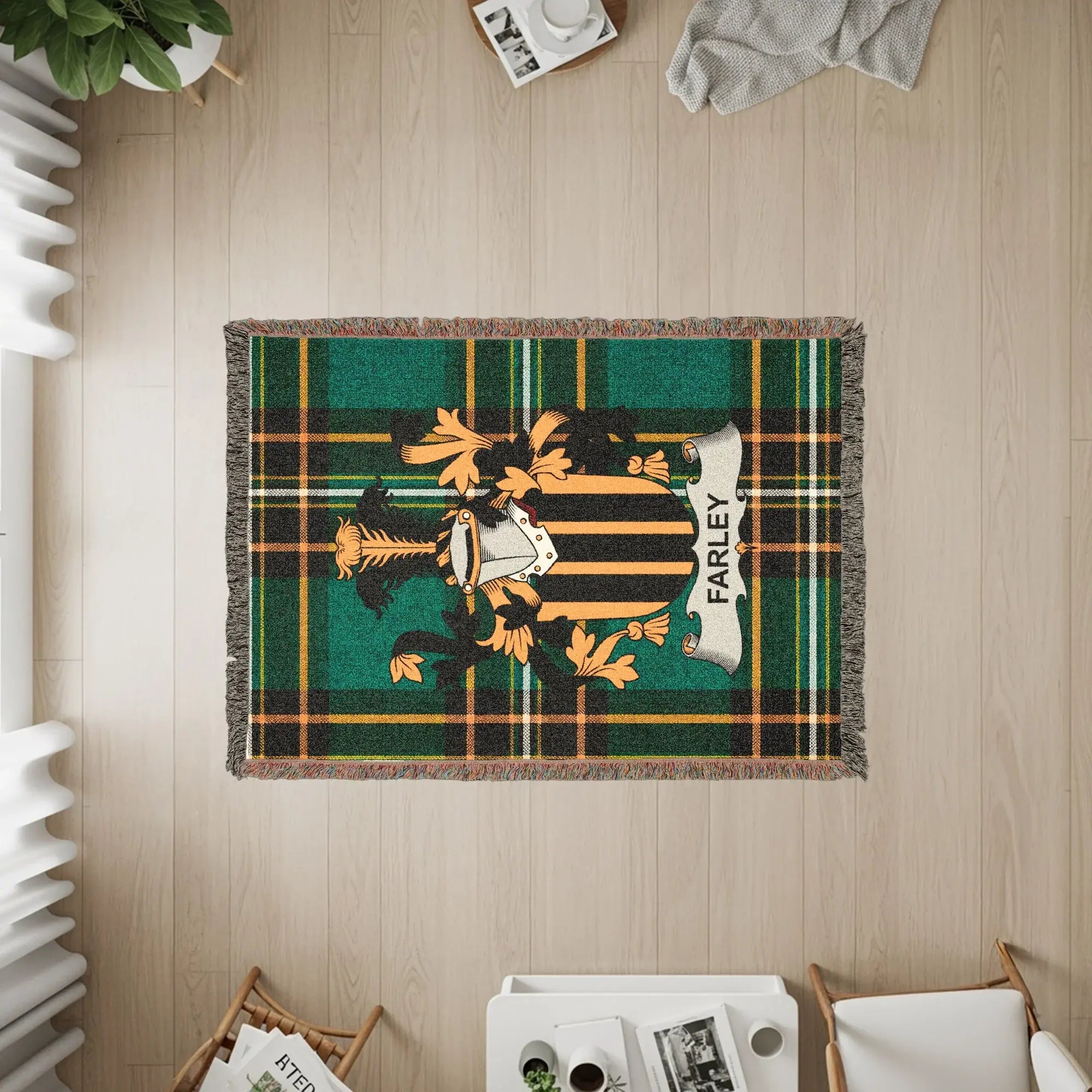 Farley Heraldic Plaid Pattern Green Black Orange product type