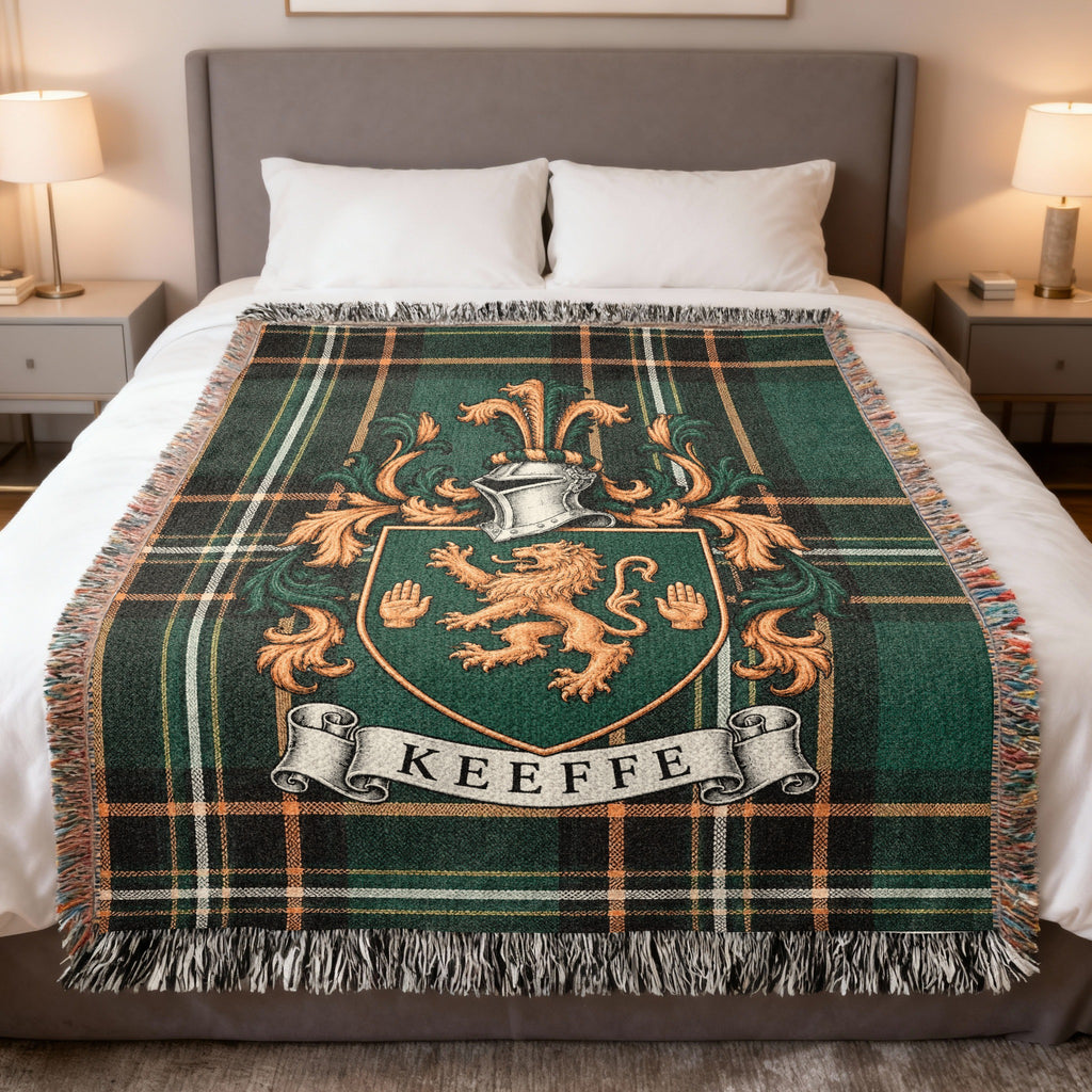 Keeffe Irish National Tartan heirloom woven blanket with family crest, full product view