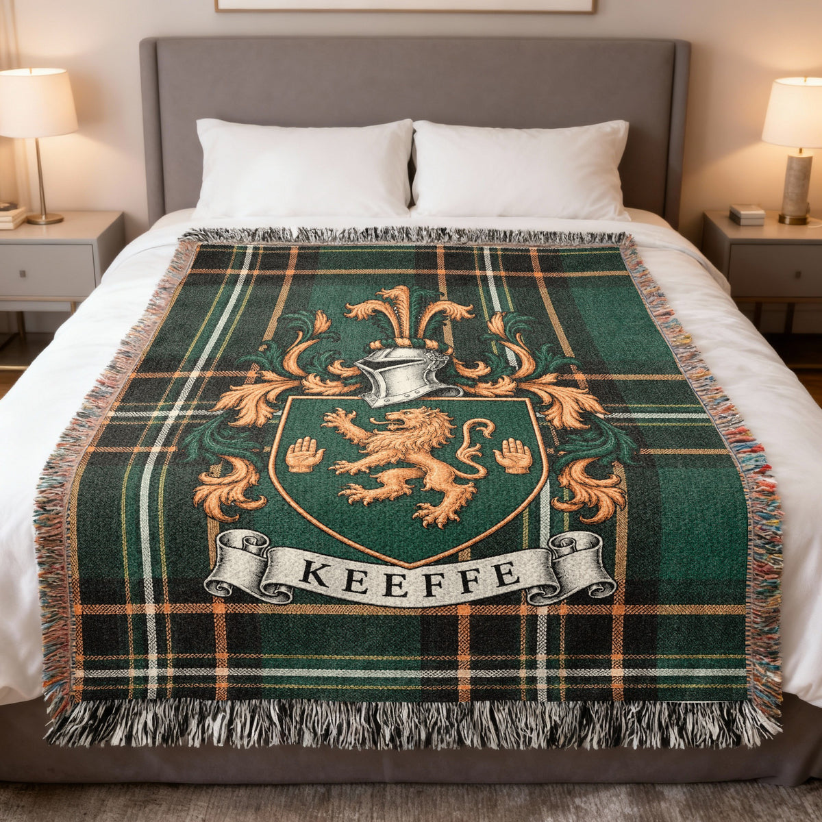 Keeffe Irish National Tartan heirloom woven blanket with family crest, full product view