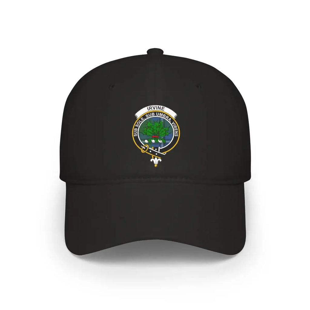Clan Irvine tartan crest cap — khaki low-profile cotton baseball cap with printed clan design