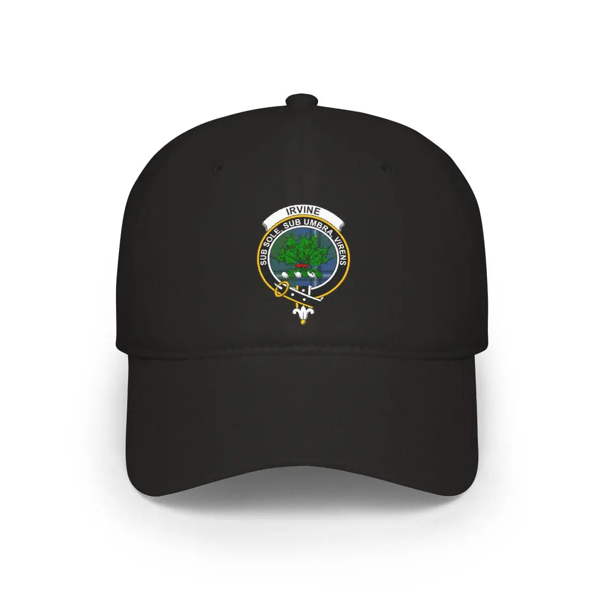 Clan Irvine tartan crest cap — khaki low-profile cotton baseball cap with printed clan design