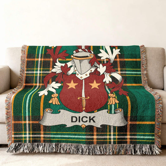 Dick Family Name Green Plaid Crest Throw Blanket