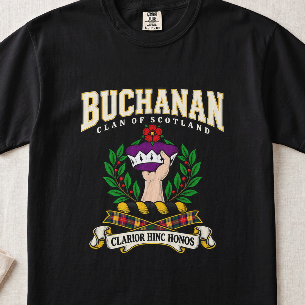 Buchanan Scottish clan graphic T-shirt in Black, front view