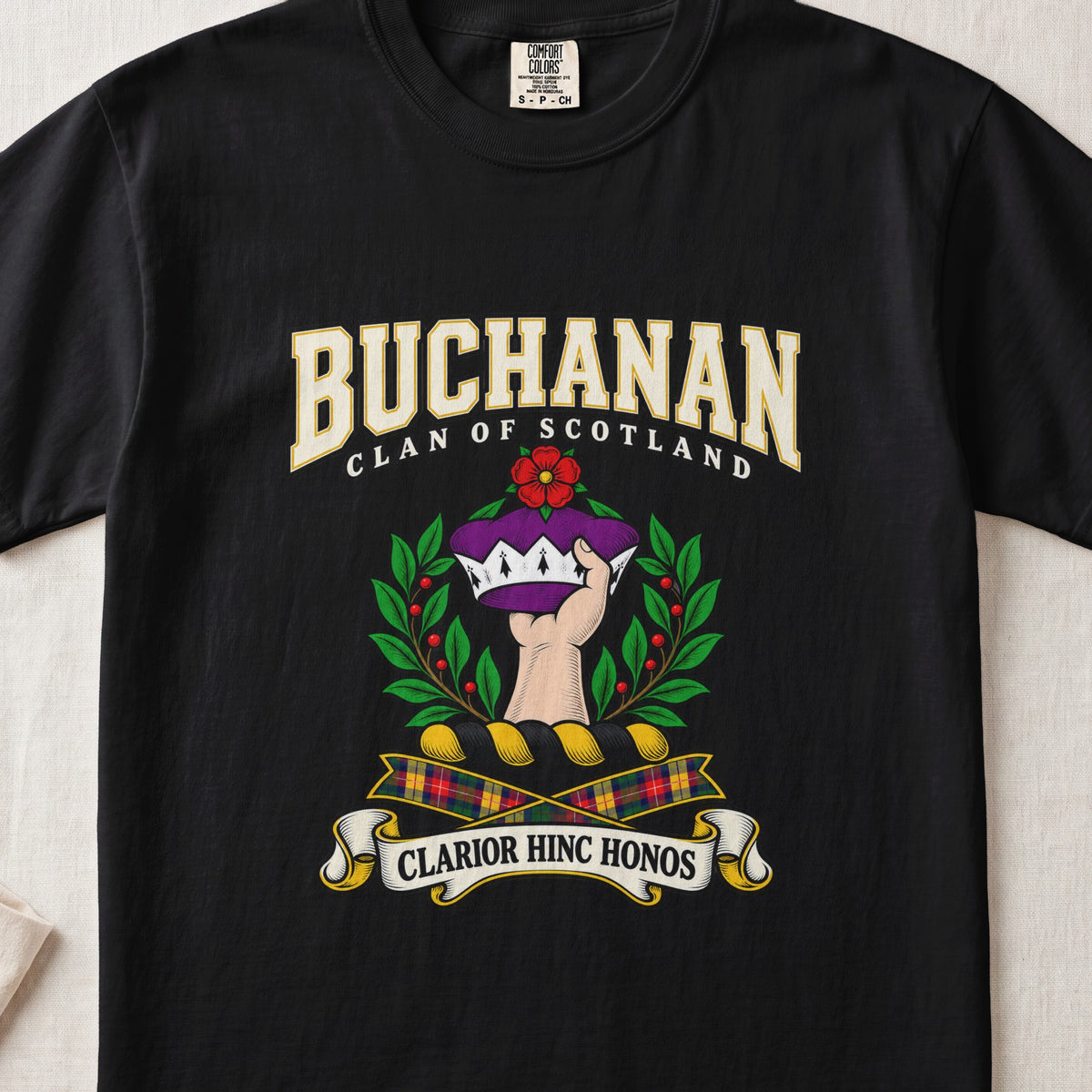 Buchanan Scottish clan graphic T-shirt in Black, front view