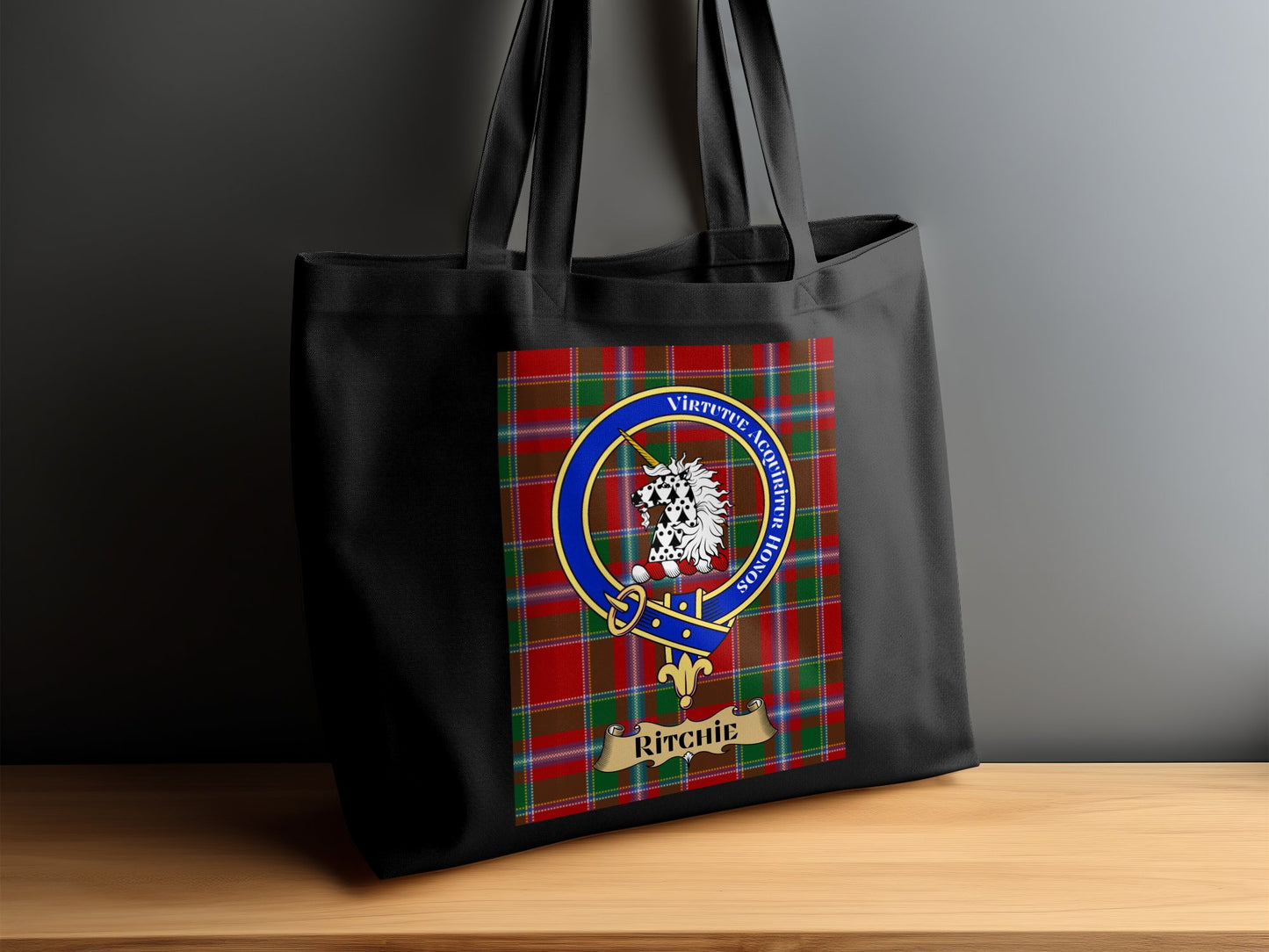 Scottish clan crest on tartan background Tote Bag - Living Stone Gifts