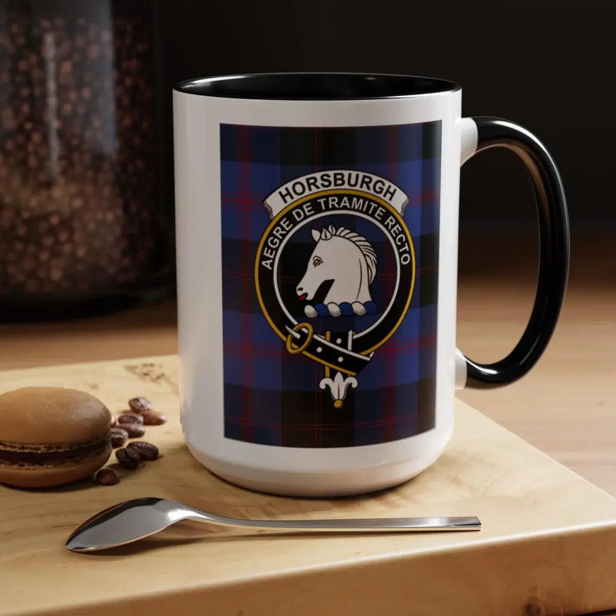 Horsburgh Crest Blue Plaid Accent Mug With Black Handle