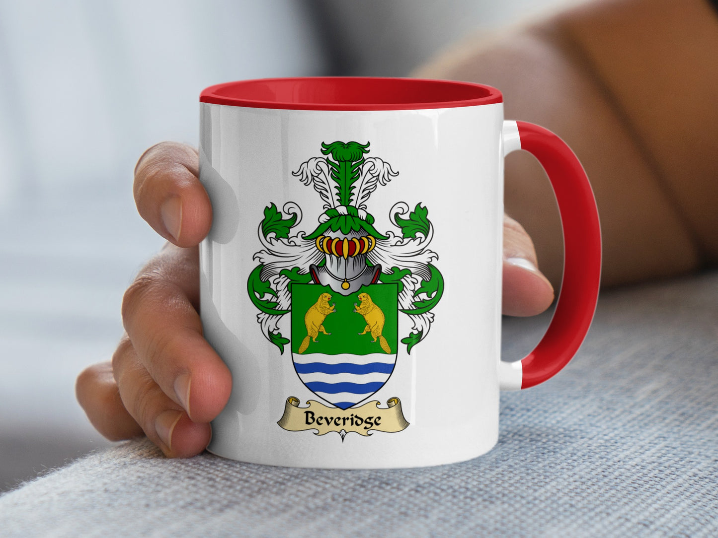 White mug with red handle and the Beveridge coat of arms.