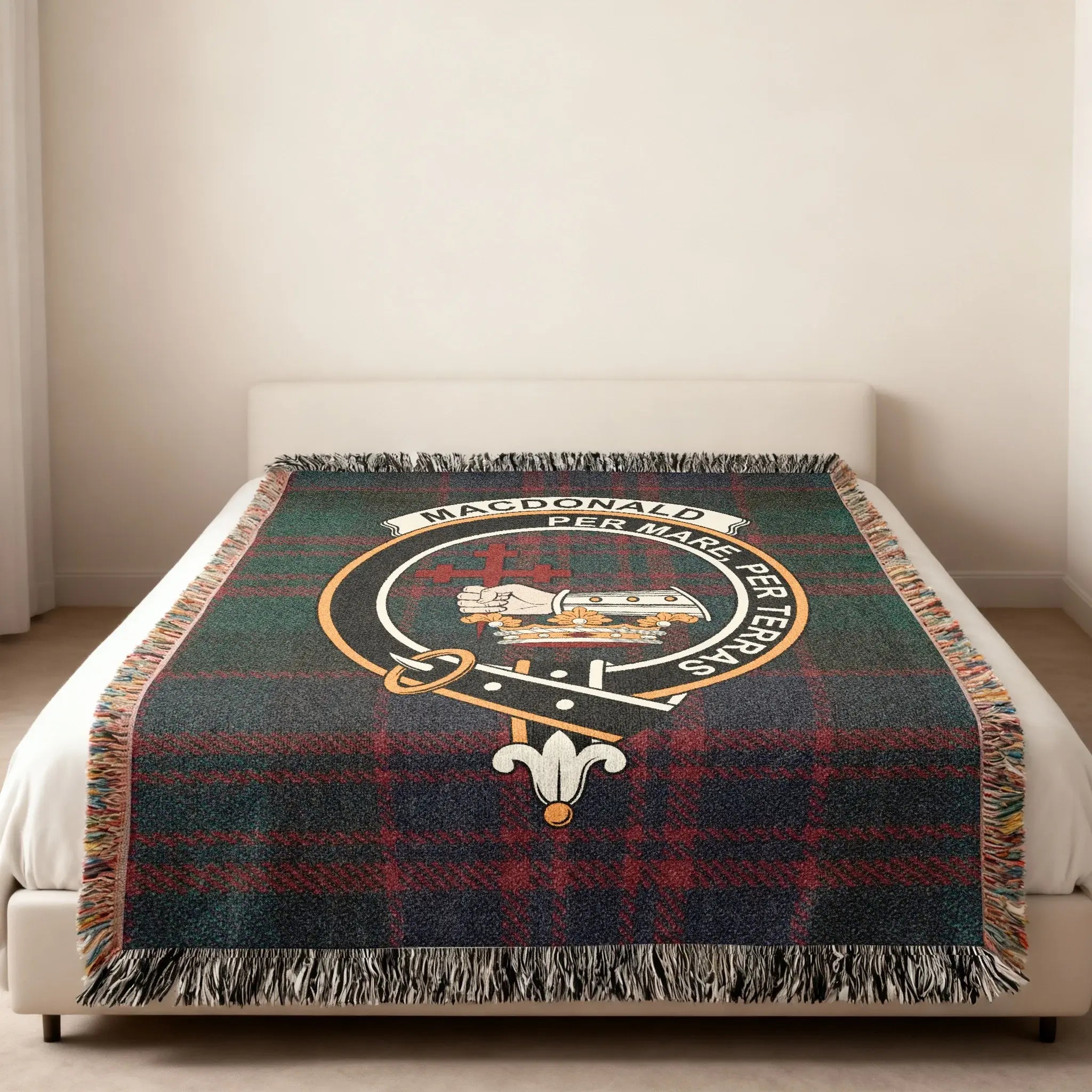 MacDonald clan crest tartan decorative throw blanket — By Sea By Land motto, fringe edge visible