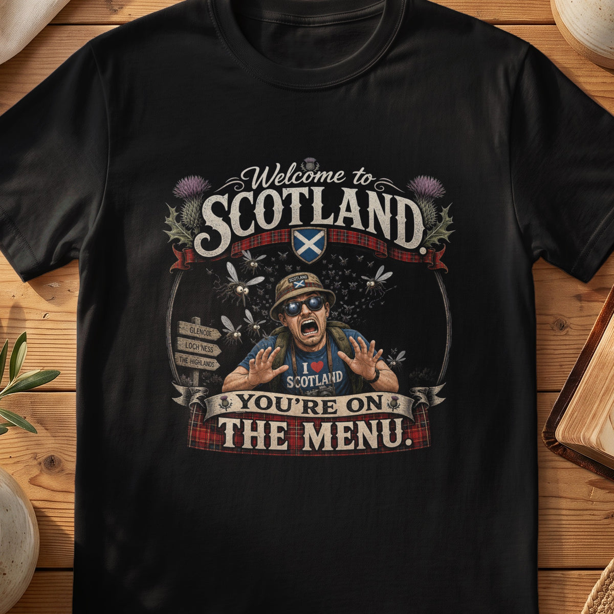 Black Gildan 64000 unisex T-shirt flatlay with Welcome to Scotland You're on the Menu Scottish graphic design