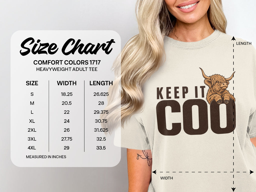 Comfort Colors 1717 size chart, S–4XL, for the Keep It Coo Highland cow T-shirt