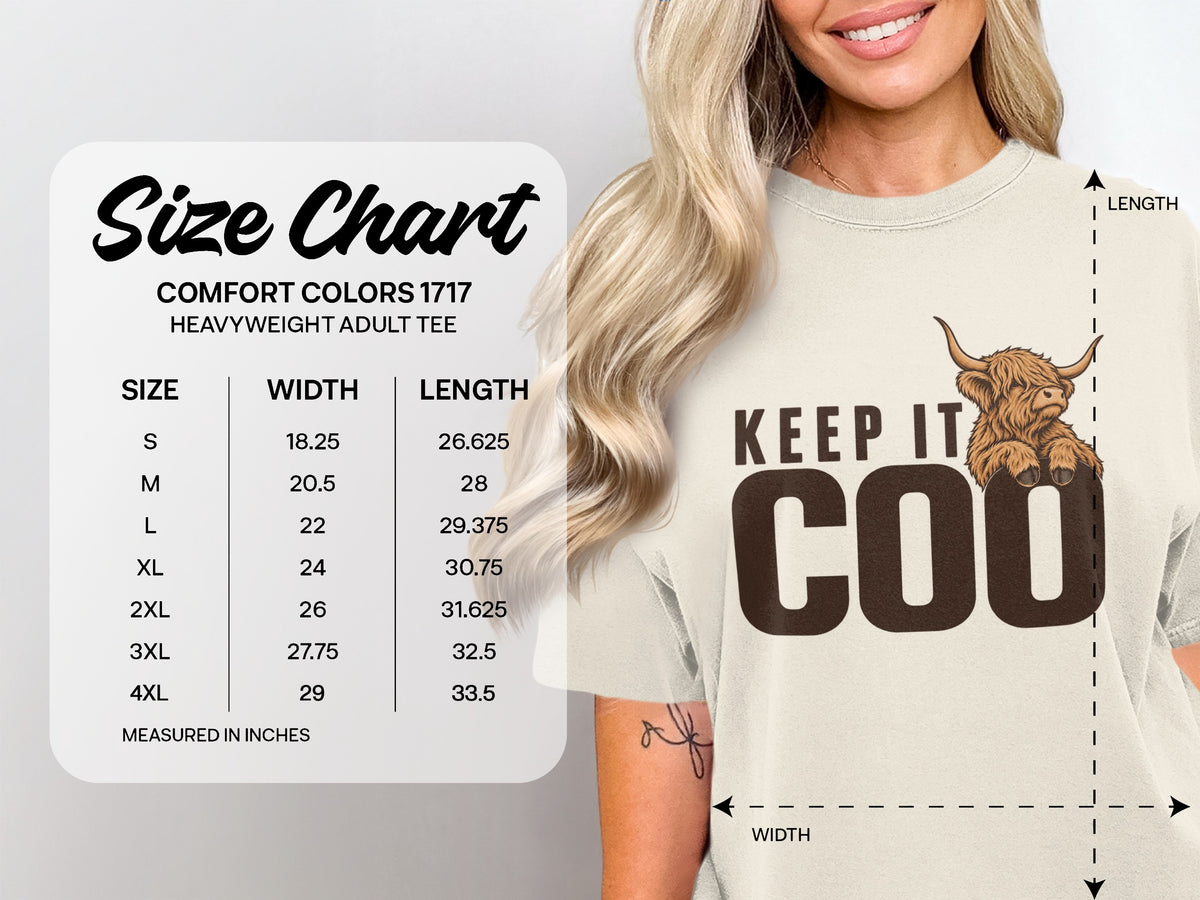 Comfort Colors 1717 size chart, S–4XL, for the Keep It Coo Highland cow T-shirt