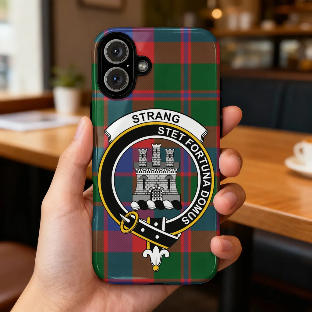 Clan Strang stet fortuna domus tartan phone case — glossy edge-to-edge crest print, iPhone shown