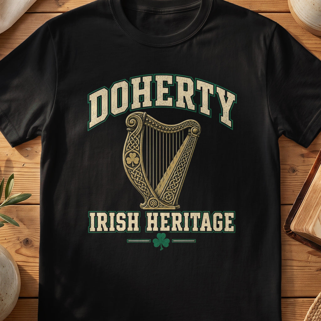 Doherty Irish Heritage black Gildan 64000 T-shirt with Celtic harp design