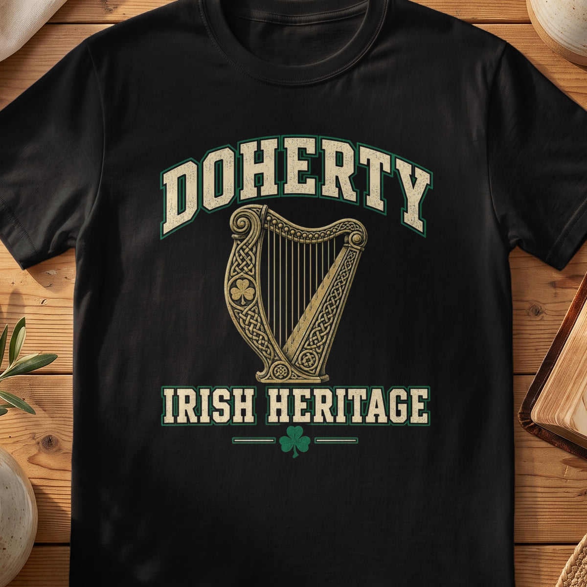 Doherty Irish Heritage black Gildan 64000 T-shirt with Celtic harp design