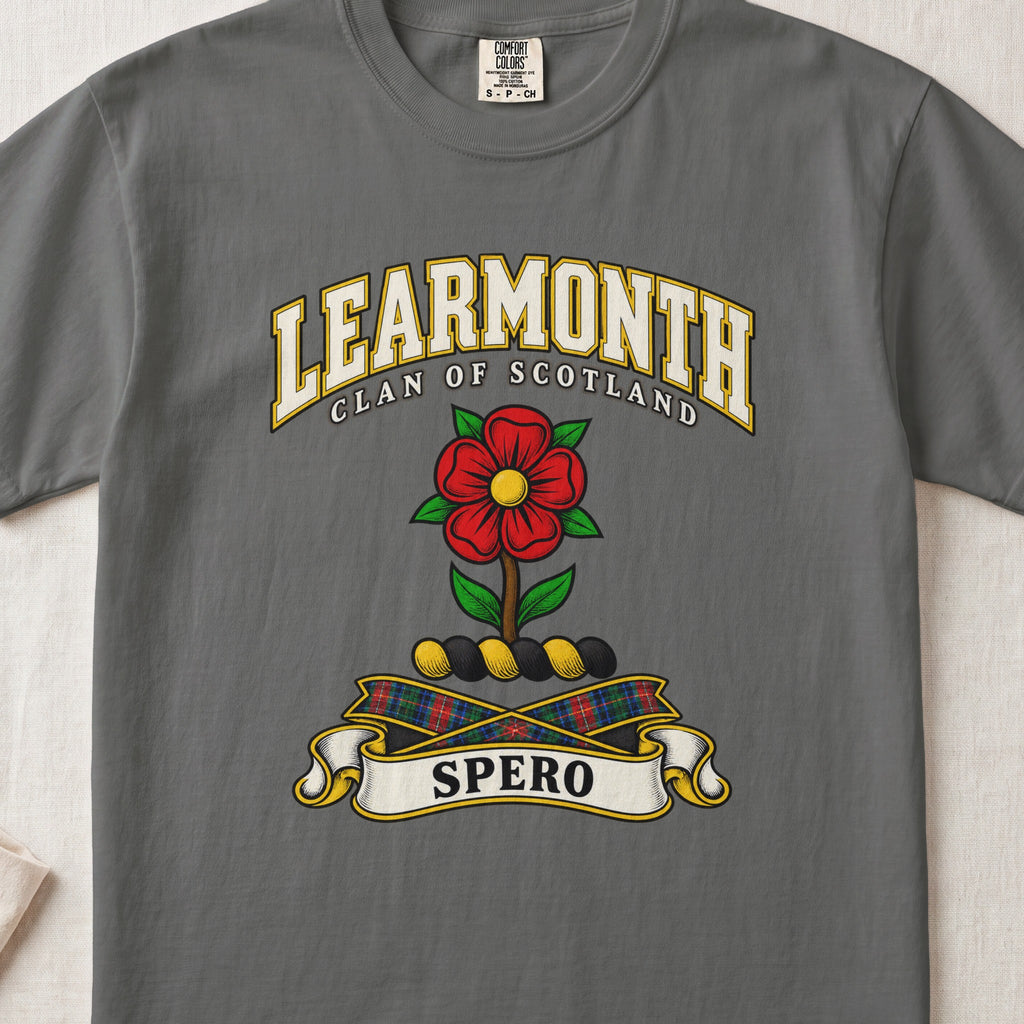 Learmonth Scottish clan T-shirt in Pepper, front view with a red rose with green leaves and motto design.